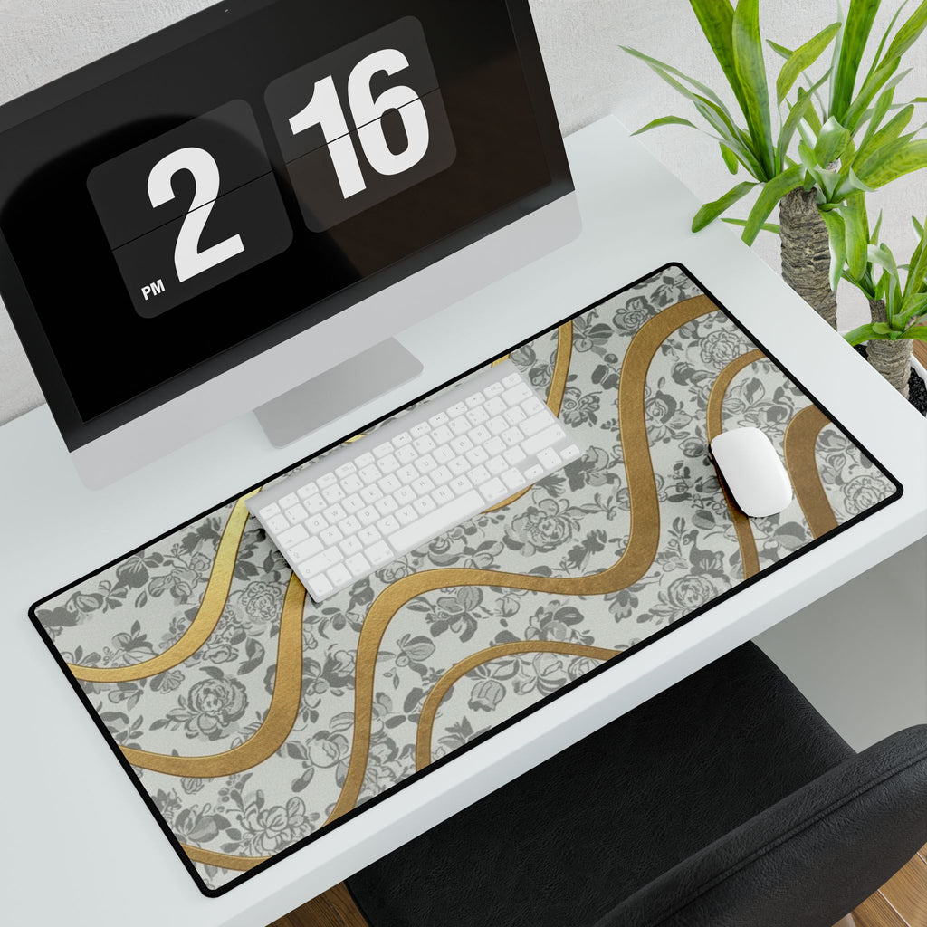 Gold Wave Floral Desk Mat — Elegant Floral Desk Pad with Metallic Wave Accent