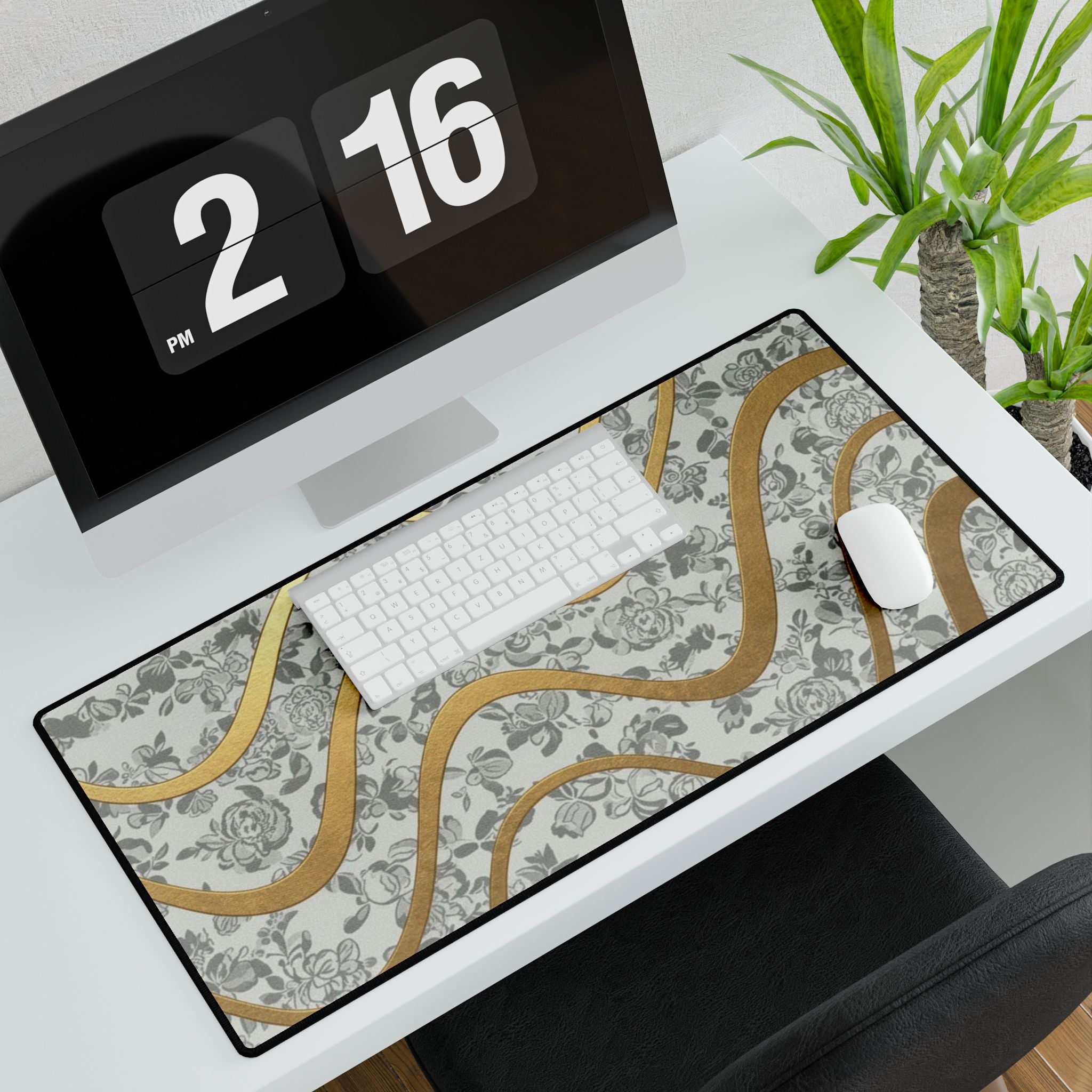 Gold Wave Floral Desk Mat — Elegant Floral Desk Pad with Metallic Wave Accent
