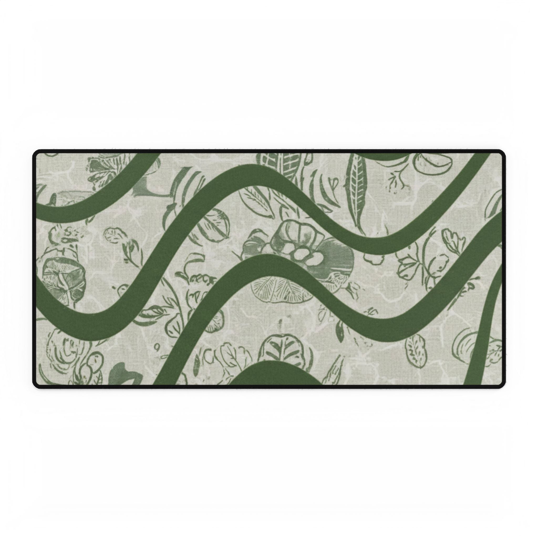Green Wave Floral Desk Mat — Large Decorative Mousepad for Office & Home