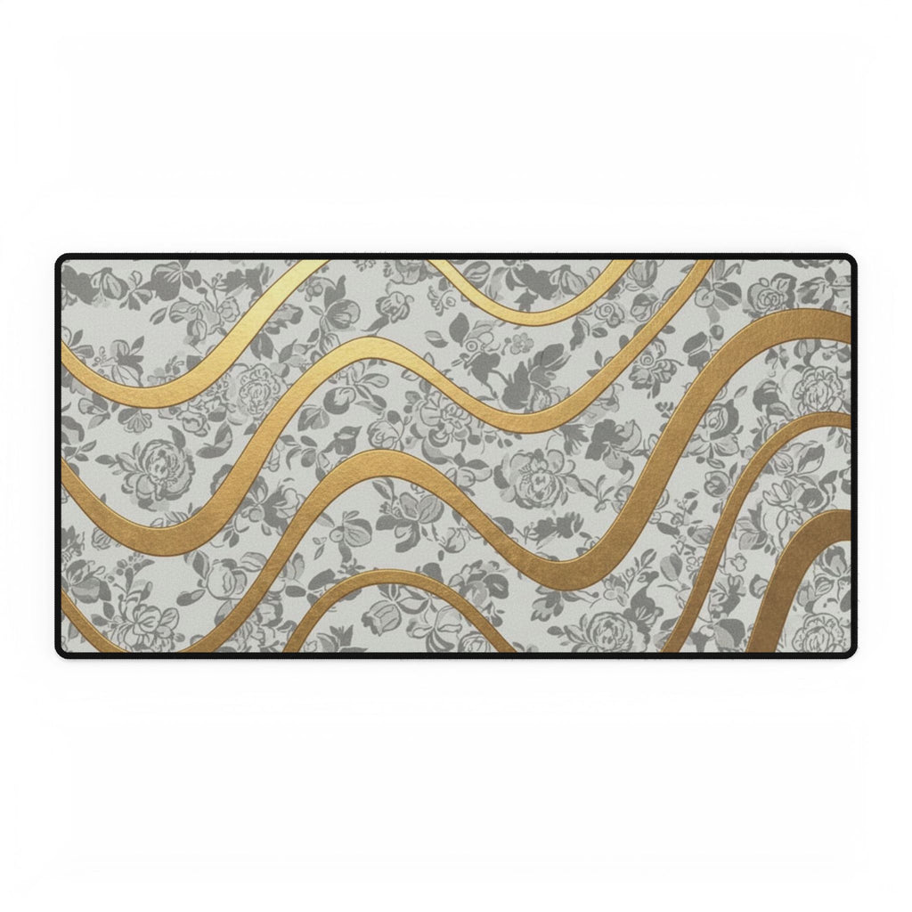 Gold Wave Floral Desk Mat — Elegant Floral Desk Pad with Metallic Wave Accent