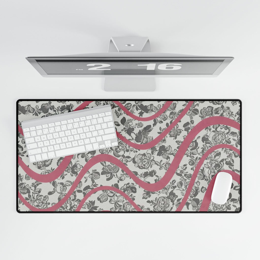 Floral Wave Desk Mat — Pink Ribbon Rose Pattern Extended Mousepad
