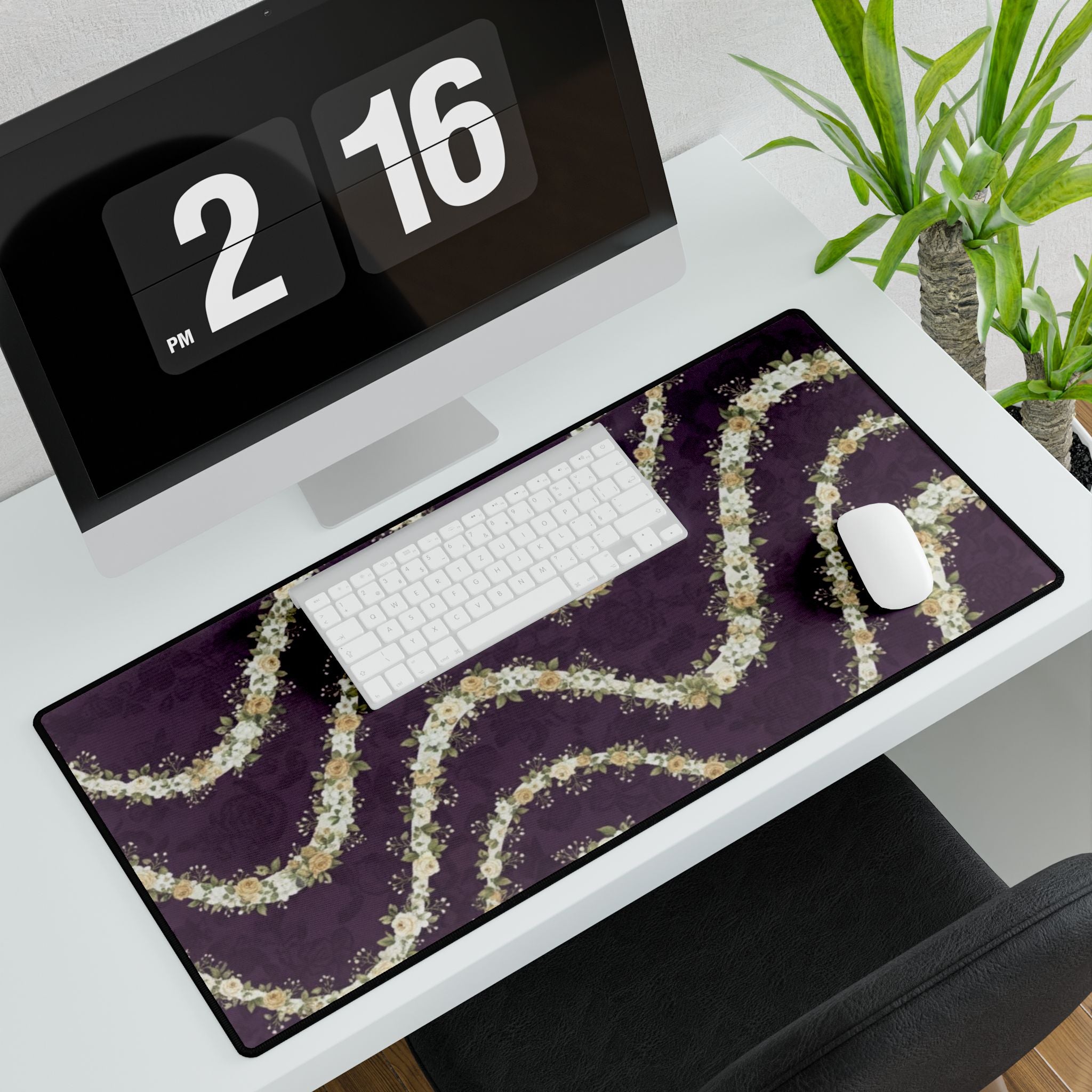 Floral Wave Desk Mat — Purple Petal Patterned Gaming/Work Surface