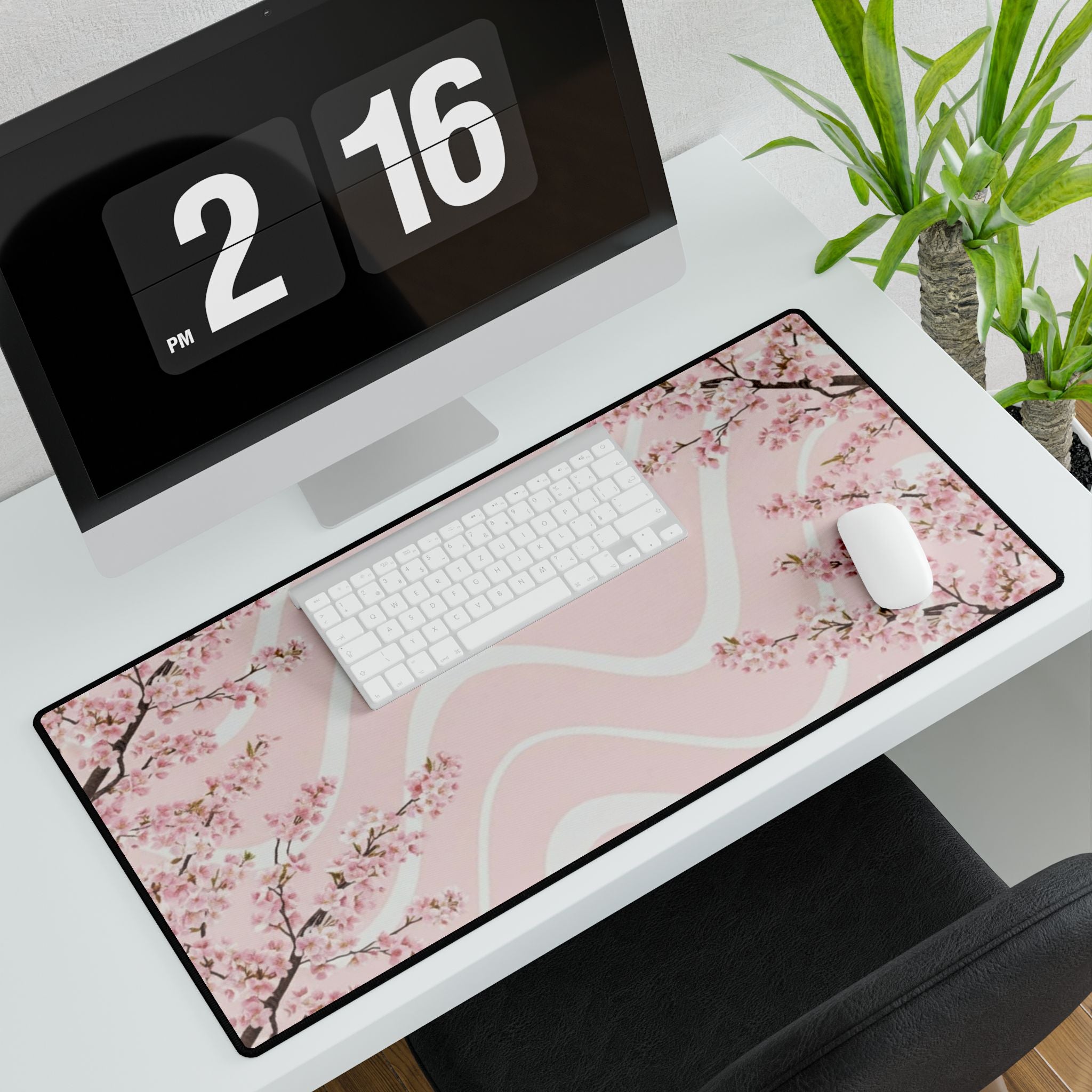 Cherry Blossom Wave Desk Mat — Pink Floral Gaming & Office Mouse Pad