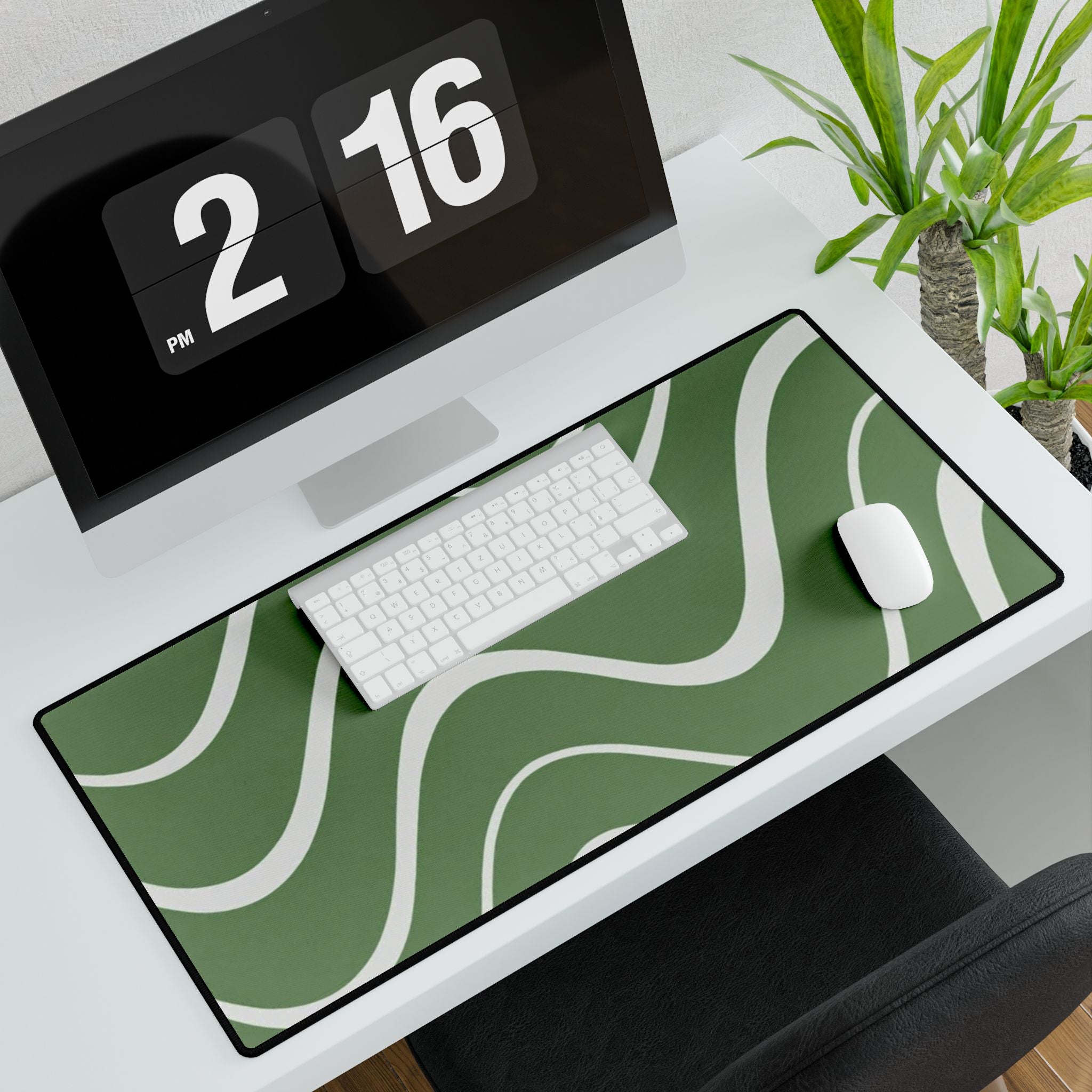 Green Wavy Desk Mat – Large Abstract Mouse Pad for Home Office