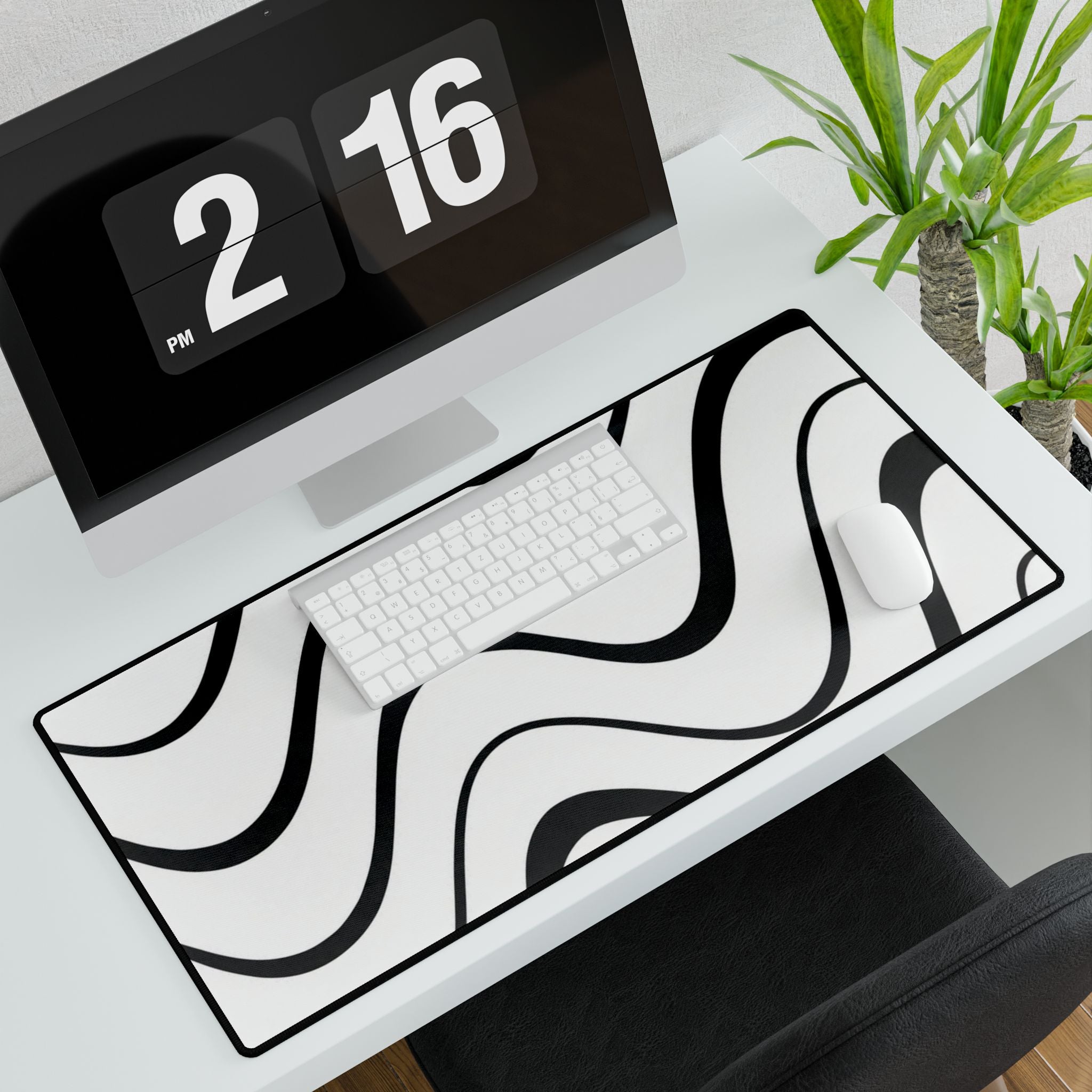 Wavy Lines Desk Mat — Minimal Black & White XXL Mousepad