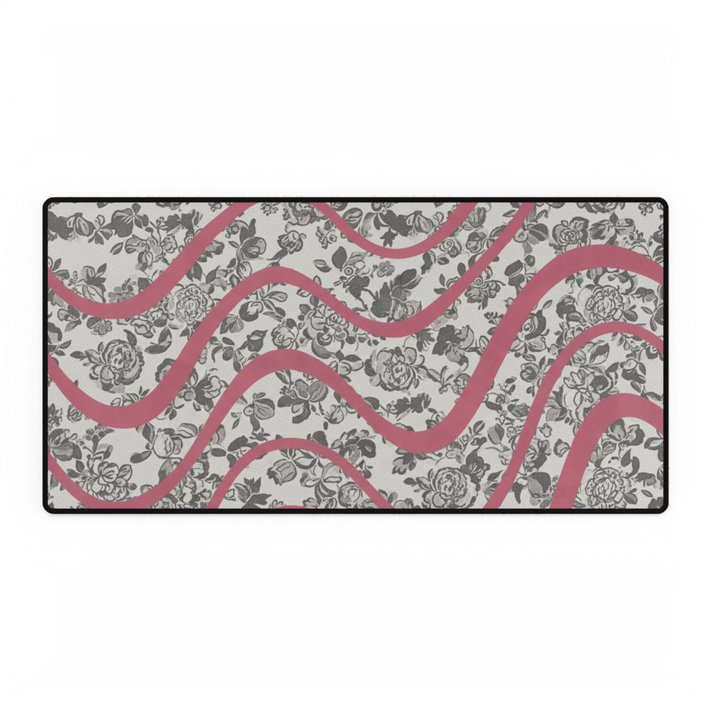 Floral Wave Desk Mat — Pink Ribbon Rose Pattern Extended Mousepad