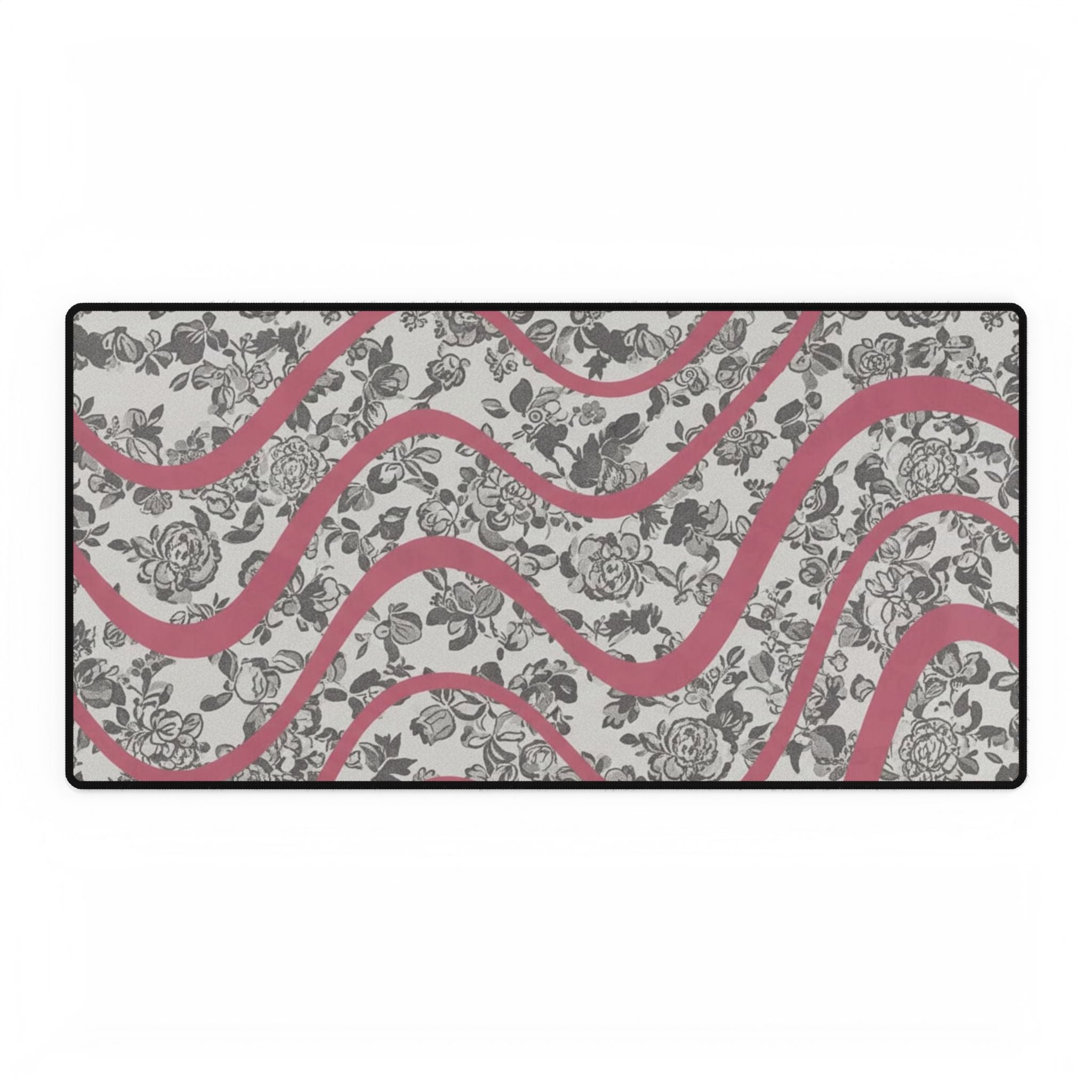 Floral Wave Desk Mat — Pink Ribbon Rose Pattern Extended Mousepad