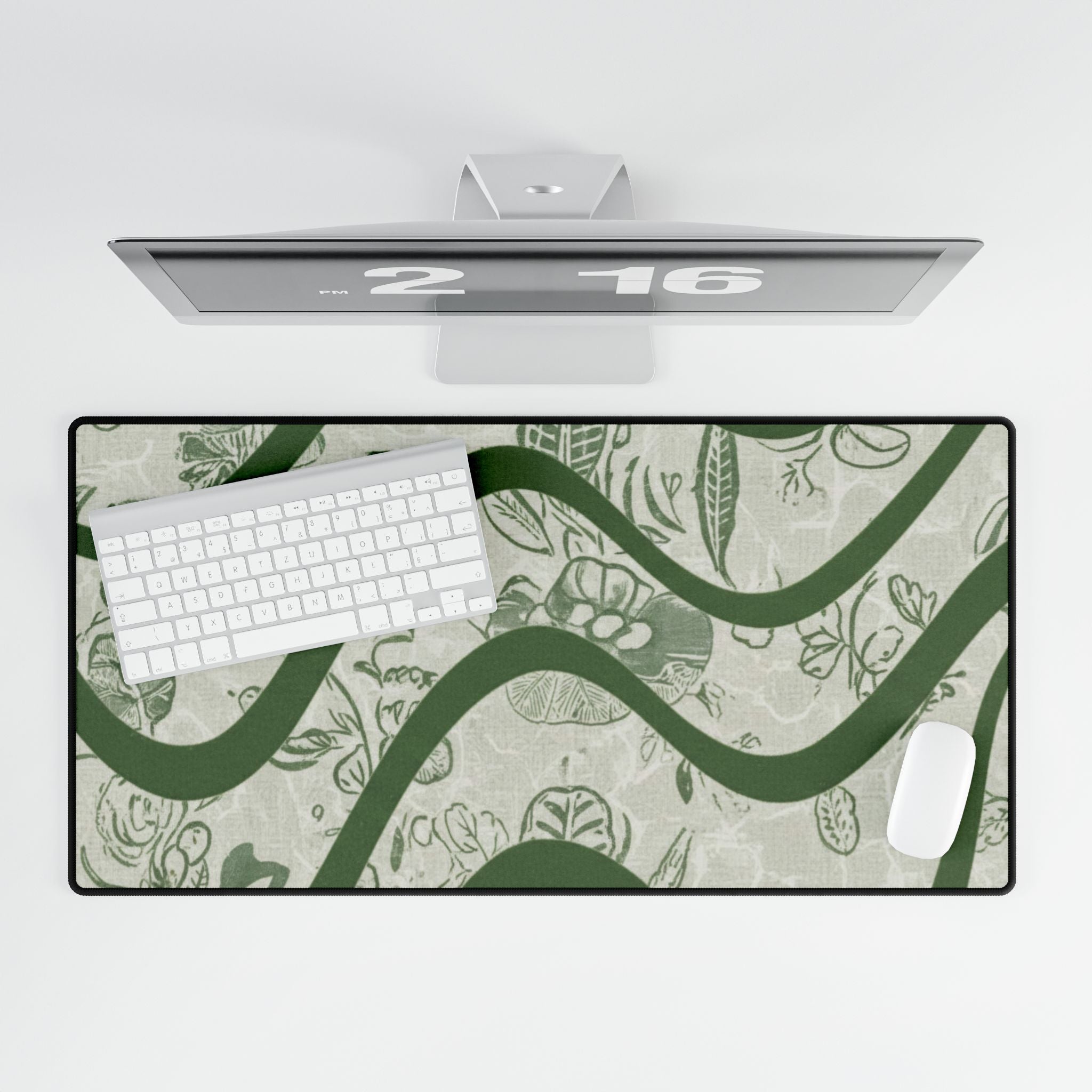 Green Wave Floral Desk Mat — Large Decorative Mousepad for Office & Home