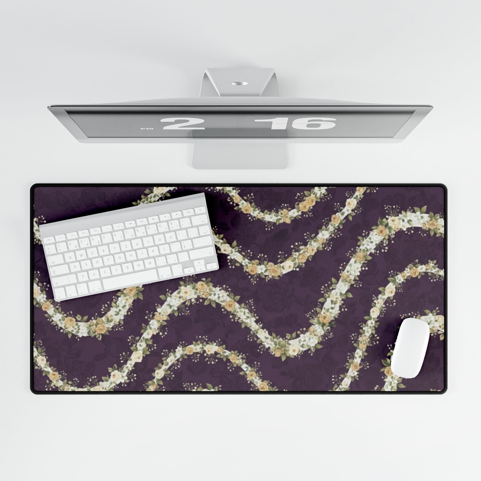 Floral Wave Desk Mat — Purple Petal Patterned Gaming/Work Surface